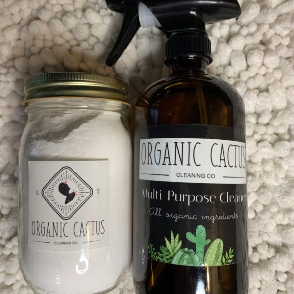 A bottle of organic cactus cleaner and a jar of organic cactus.